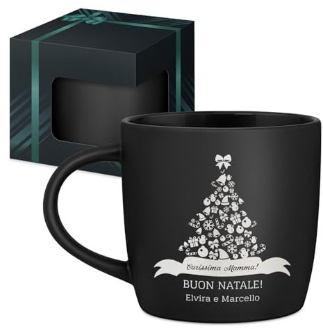 Maverton Tazza da caffè latte o tè in ceramica - 400 ml - Incisione personalizzata - Bicchiere con manico per bevande per Lei - Tazze da colazione per compleanno donna - Interno nero - albero