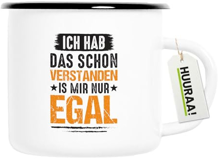 Huuraa Emaille Tasse Hab das schon verstanden ist mir nur egal Geschenk | 300ml Becher Weiß mit Schwarzem Rand Vintage Campingbecher Geschenkidee Kaffeetasse als Wohnwagen Zubehör Campingtasse