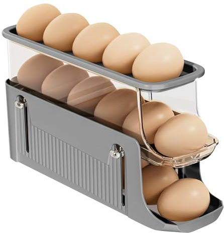 Eierbehälter für Kühlschrank, 3 Schichten Automatisch Rollender Eierspender Kühlschrank, Eier Aufbewahrung Kühlschrank, Faltbar Eierhalter für Kühlschrank, Platzsparende Eierbehälter (Grau)