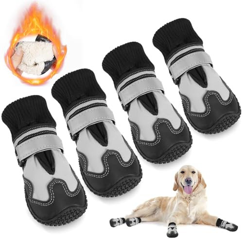 Eyein Hundeschuhe Pfotenschutz Winter, 4 Stück wasserdicht Hundeschuhe mit warmem Fleece und hohem Design, rutschfeste Hunde Schuhe Outdoor mit reflektierendem Klettverschluss, Größe 5
