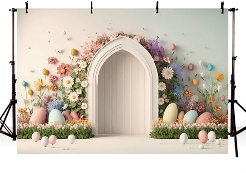 AIBIIN Spring Easter Photography Background Colourful Eggs Rabbit Floral Backdrop for Birthday Baby Shower Party Decor Easter Photo Props 7x5ft