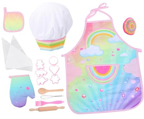 KONTONTY Backschürze Für Junge Mädchen Mit Cartoon-Design Und Schmutzabweisend Mit Verstellbarem Halsband Und Doppelter Taschendesign Inklusive Kochmütze Für Backen Zu Hause Klassenzimmer