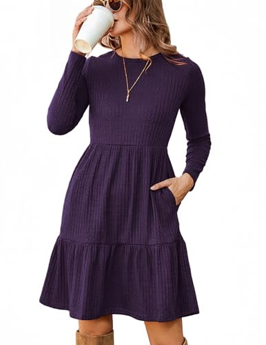 Zeagoo Damen Kleider Langarm Rundhals Herbstkleid mit Taschen Elegant Knielang Kleid Winter Frühling Violett S