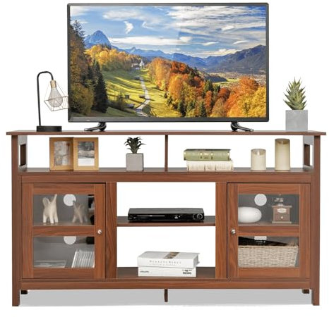 Moderner TV-Ständer für Fernseher bis 165 cm (65 Zoll), mit Kamin, Medienkonsole aus Holz, für Wohnzimmer, 4 offene Regale und 2 Seitenschränke, Walnussholz-Finish