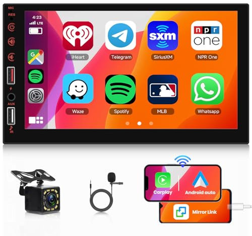 Hodozzy Double Din Car Stereo with Wireless Carplay Android Auto, 7 Inch IPS Touch Screen 2 Din Car Radio with Bluetooth, Mirror Link,EQ, SWC, FM Radio, USB/AUX, Digital Media Receivers with Camera