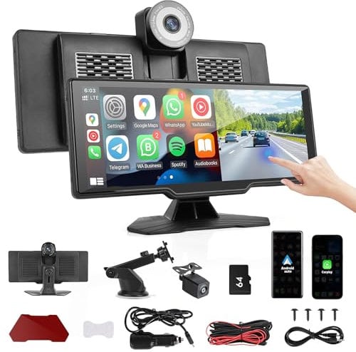 10.26 Inch Wireless Carplay Android Car Display, Car Radio for Apple Carplay Android Car with Dash Cam Front Rear 2K + 1080P, Carplay Car with Bluetooth 5.0/FM/Siri/G-oogle/Mirror Link/64G TF/AUX