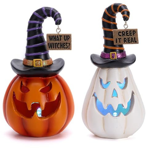 Valery Madelyn 2er Set Halloween Deko Figuren, 13cm Neuheit Harz Kürbis, Halloween Statuen Ornamente mit LED Licht für drinnen und draußen Deko