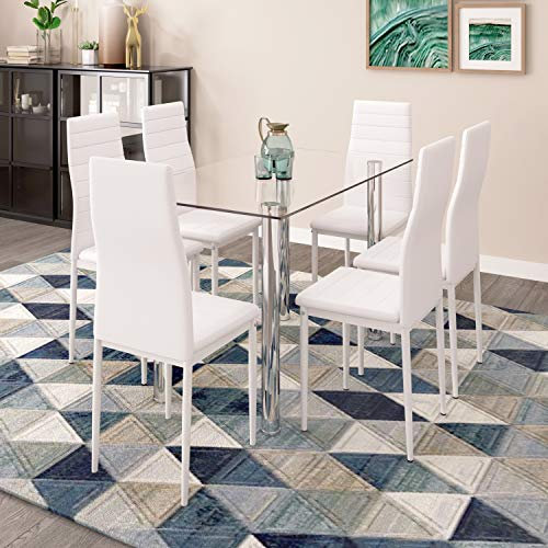 Moderno juego de mesa de comedor de cristal con 6 sillas acolchadas suaves, mesa rectangular, color blanco