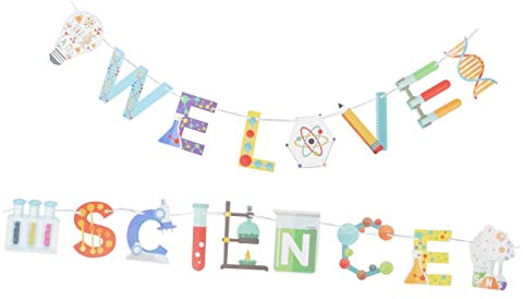 DRESSOOS 2 Stück Wissenschaftsthema Hängeflagge Geburtstagsparty Dekorationen Wissenschaftsparty Zubehör Schul Hängebanner Wissenschaftsbanner Wissenschaftsparty Banner