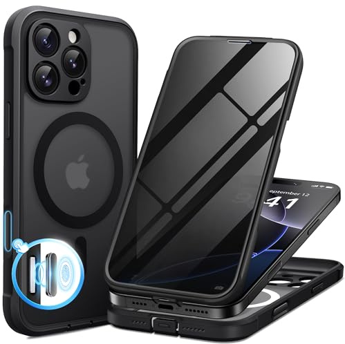 BERFY for iPhone 16 Pro Case, Compatible with MagSafe,Black | Built-in Privacy Screen Protector, Full Camera Protection, Shockproof Full Body Magnetic Clear Phone Case 6.3