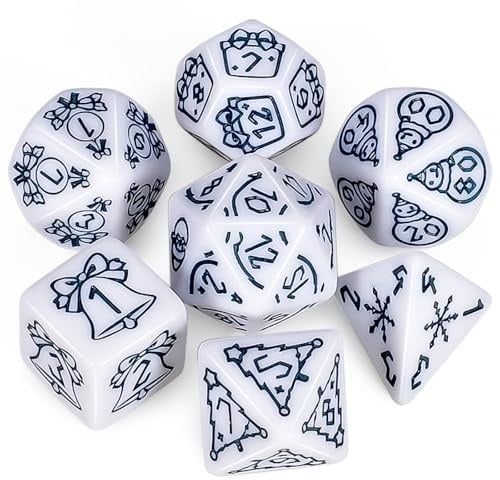 QMAY Polyhedral Spielwürfel - 7 Stück Würfel (Weiße Weihnachten) | Tischspiele Dice mit Beutel für Dungeons and Dragons Pathfinder RPG MTG D&D D20, D12, D10, D%, D8, D6, D4