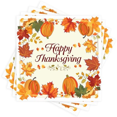 24Stück Servietten Herbst Thanksgiving Deko,33 x 33cm Tischdeko Herbst Servietten Herbstmotiv mit Ahornblättern Kürbis Happy Thanksgiving Einweg Papierservietten für Herbst Tischdeko