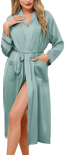 Sopesil Women's Satin Dressing Gowns Long Ladies Kimono Lightweight Morning Robes Bridal Soft Wedding Party Sleepwear V-Neck, Gray green,XXL