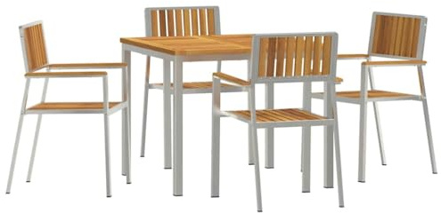 vidaXL 5-teiliges Garten-Dining-Set aus Massivholz Akazie mit silbernem pulverbeschichtetem Rahmen quadratischer Tisch 90X90X75 cm & 4 Stühle für Außenpatio Möbel mehrere Moderne wetterfeste Optionen