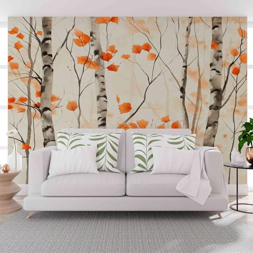 Gaqinhh Bouleau en Aquarelle Papier Peint Panoramique 350 x 256 cm (L x H), Orange Panoramique Décoration Murale Pour Salon, Salon, Mur TV Artistique, Restaurant Décoration Murale