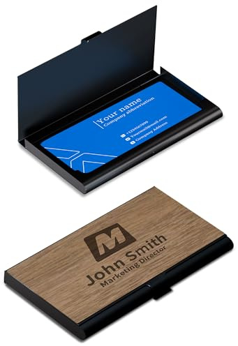 Hauleruee Porte-cartes de visite personnalisé en bois avec votre logo/texte/design/code QR – Étui en acier inoxydable pour homme/femme, pour voyage/travail (noir)