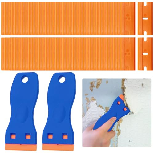 2Pcs Plastic Scraper with 98 Plastic Razor Blades, Non Scratch Scraper Tool | Multipurpose Glass Scraper for Removing Stickers, Labels and Adhesive from Glass, Windows, Car and Kitchen Surfaces