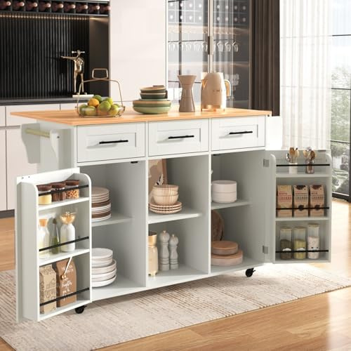 PUGSDRLY Desserte Cuisine 139x46x91.5cm,Îlot Central Cuisine,Buffet Salles a Manger avec Plan de Travail Pliable,3 Tiroirs,étagère à épices,pour Salon,Salles à Manger(C-Blanc)