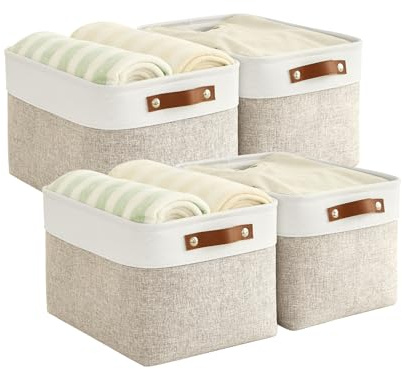 Bagnizer Foldable Storage Baskets for Shelves Closet 4PCS Fabric Small Organizer Box Bins with Handles Waterproof Canvas Box for Clothes, Pet Toys, Office Products 30x20x15CM Beige & White
