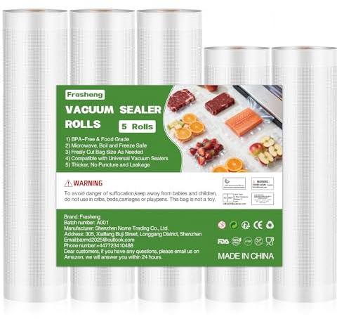 Frasheng Sacs Sous Vide Alimentaire, 5 Rouleaux de 28/25 x 300 cm Sac Sous Vide, Rouleau Sous Vide Alimentaire, Conservation, pour le Cuisine, Réutilisable, Sans BPA, Convient à Tous Machine Sous Vide