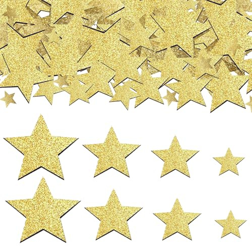 Whimzey 4 Größen Holzsterne zum Basteln Streudeko Weihnachten 1-4cm, 100 Stk Glitzer Sterne Deko Holz Klein,Weihnachtsdeko Sterne Gold, Konfetti Weihnachten Tischdeko,Dekostern für Hochzeit,Geburtstag