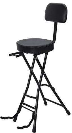 Comfort-Padded Guitar Stool, Ergonomic Guitar Chair with Built-in Guitar Stand, Heavy-Duty Folding Musician Seat Adjustable Backrest Guitar Bench, Portable Performer Stool for Adult Players (Black)