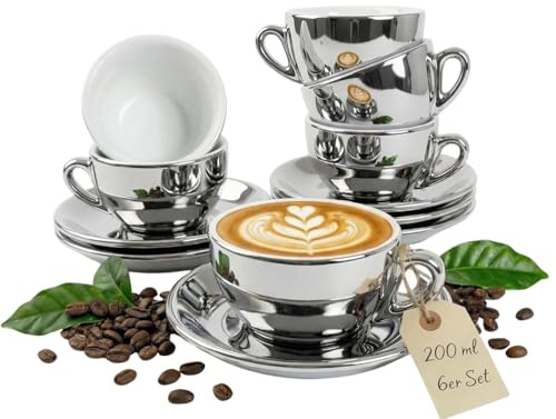 MUVELL 6x Cappuccinotassen | Silber - Chrome | Italian Style | dickwandig & schwer | Cappuccino 6er Set mit Untertassen - Geschenkset