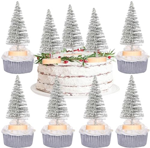 Ephlyn 12Pcs Christmas Tree Cake Decorations Artificial Cedar Tree Table Decorations for New Year Christmas Party DIY Home Decorations Supplies Silver