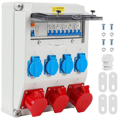 ISOISL Baustromverteiler CEE 32A + 2x16A 5P, 4x Schuko, FI + LS | Stromverteiler 32A/16A, vorverdrahtet: FI Typ A 40A/30mA + LS, 4x Schuko, IP65-Gehäuse/IP44-Steckdosen
