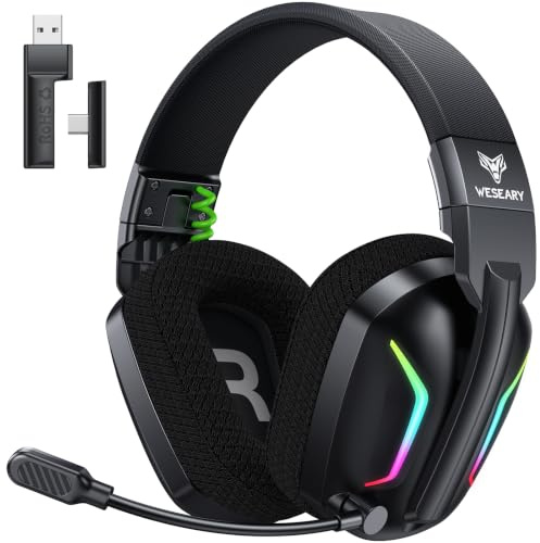 WESEARY Gaming Headset Wireless mit Mikrofon für PS5 PS4 PC Switch Handy | 2,4 GHz (USB & Typ-C) & Bluetooth, 60H Akku, LED-Licht, Surround Sound, niedrige Latenz (≤20 ms), Noise-Cancelling-Mikrofon