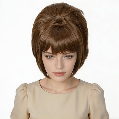 Linfairy 1960er-Jahre-Perücke, kurze Beehive-Perücke, perfekt für Halloween-Partys Cosplay toupierte Perücken (Hellbraun)