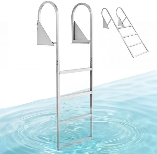 VEVOR Flip-Up Dock Ladder, 4-Step, Heavy-Duty Aluminum Alloy Pontoon Boat Swim Ladder, with Non-Slip Wide Steps, 350 lbs Weight Capacity, Pull Rope Assist, for Lake Swimming, Pool, Marine Boarding