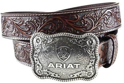 ARIAT Men's Floral Embossed Leather Belt with Antiqued Silver Buckle, Black/Tan, 40