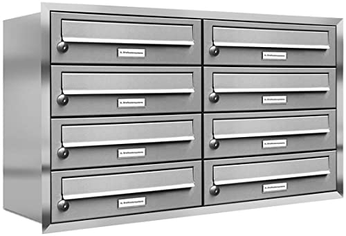 AL Briefkastensysteme, 8er Unterputzbriefkasten, Briefkasten rostfrei, 8 Fach Briefkastenanlage modern, Edelstahl Postkasten