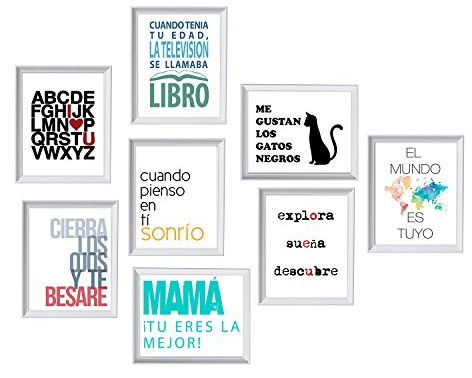 Nacnic Pack de Ocho láminas Feliz. Posters con imágenes y Mensajes alegres. Decoración de hogar. Láminas para enmarcar. Papel 250 Gramos