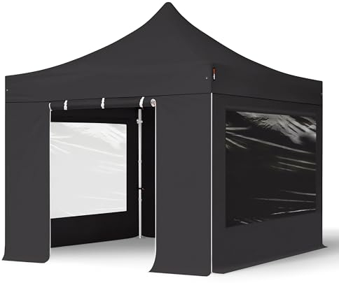 TOOLPORT Faltzelt Professional 3x3 m - mit 4 Seitenteilen (Panoramafenster) Faltpavillon ALU Pavillon Partyzelt schwarz