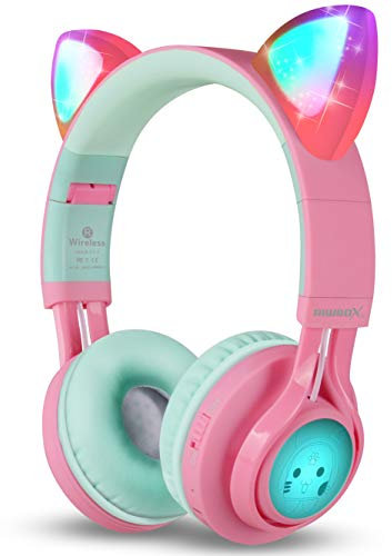 Riwbox CT-7 Cat Ear LED Light Up Wireless Foldable Headphones Over Ear with Microphone and Volume Control for iPhone/iPad/Smartphones/Laptop/PC/TV