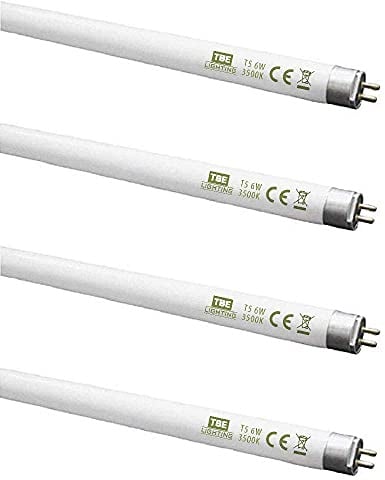 TBE Lighting T5 6w Fluorescent Tube Lamps 225mm - CFL Bulbs - G5 2-Pin Base Fittings - T5 High Efficiency Lamps, Cool White 3500K (4-Pack)
