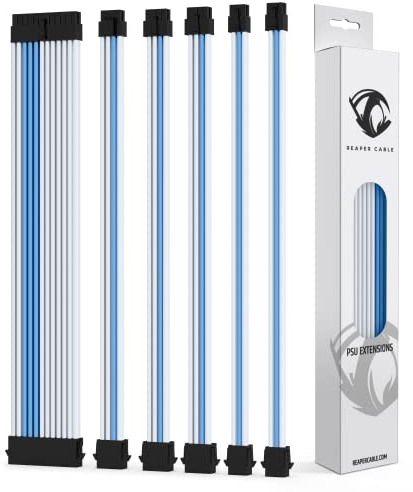 Reaper Cable Sleeved PSU Extension Set - Power Supply Extensions - 1x 24 Pin/ 2x 8 Pin/ 2x 6 Pin/ 1x 4+4 Pin - With Combs - 30cm (White & Aqua Blue)