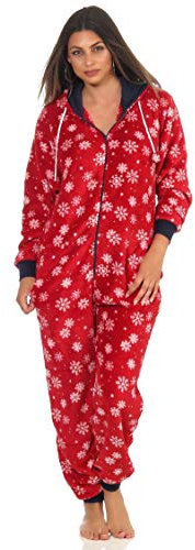NORMANN-Wäschefabrik Wunderschöner Damen Jumpsuit, Overall mit Kapuze im winterlichen Design - 291 267 97 951, Farbe:rot, Größe2:44/46