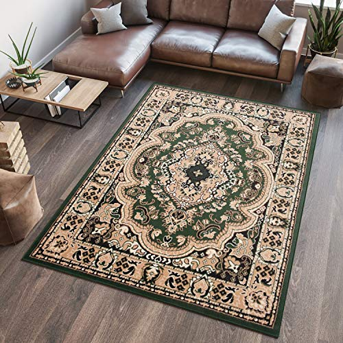 TAPISO Atlas Teppich Kurzflor Grün Beige Oriental Ornament Floral Mäander Bordüre Wohnzimmer Schlafzimmer Vintage Design ÖKOTEX 250 x 350 cm