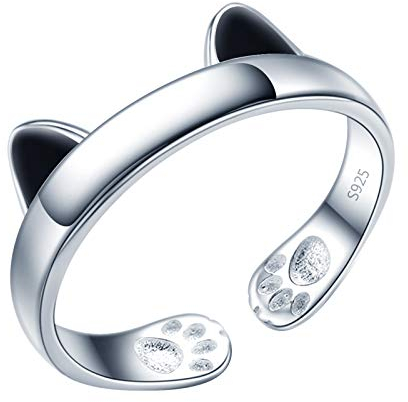 Yumilok Damenring schwarz Katze Ohr Pfotenabdruck Ring Ehering Verlobungsring Freundschaftsring Lifestyle-Ring 925 Sterling Silber verstellbar