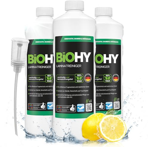BiOHY Laminatreiniger (3 x 1 Liter) mit Dosierer, Laminatpflege, Reinigung | Laminatreiniger Konzentrat, Laminatpflege und Reinigungsmittel in einem, streifenfrei und schonend
