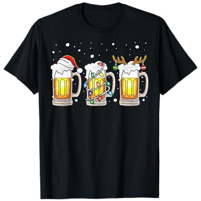 Birra tazze Babbo Natale Elfo renna albero di Natale bere Maglietta