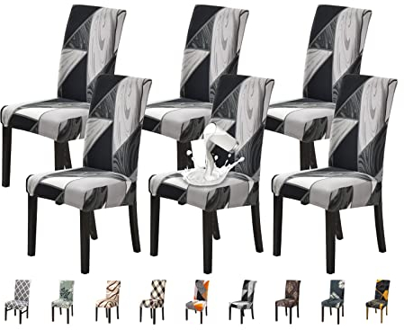 Jaotto Stuhlhussen 6er Set Wasserdicht Stuhlhussen für Esszimmerstühle Stretch Stuhlhussen Schwingstühle Waschbarer Universal Dekoration Stuhlbezug für Haus Restaurant Küche Hotel,Schwarze Geometrie