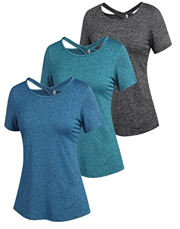 ADOME Sport Oberteile Damen Funktionsshirt Damen Kurzarm Laufshirt Rundhals Schnell Trocken Yoga Fitness Shirts Oberteile Backless Top 3er Pack Pat1 XXL