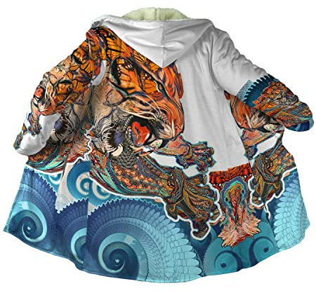 BBYOUTH Samurai Cape Mantel, Harajuku Japan Armor Oni Maske Tattoo Mit Kapuze Mittlere Länge Winter Warm Fleece Parka Jacke,Bf09,L