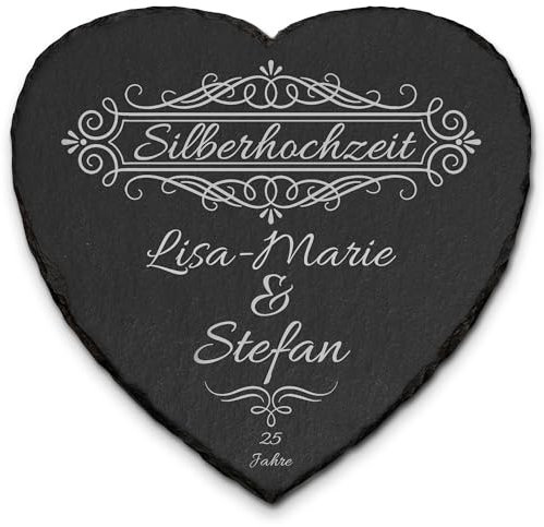 mtb more energy Personalisierbare Schiefertafel Herz ''25 Jahre Silberhochzeit'' - individuell anpassbar - 20x20cm - Laser Gravur auf Schieferherz - Geschenk für Silberne Hochzeit
