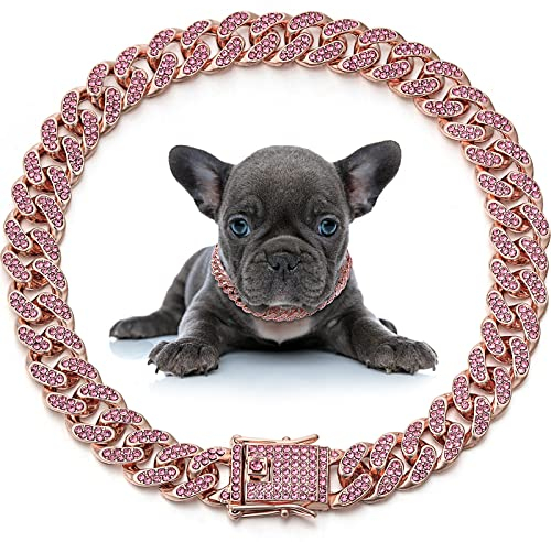 LEIFIDE Dog Chain Collar Diamond Link Dog Collar 12 mm Wide Dog Necklace Metal Cat Chain Pet Crystal Collar Jewelry Accessories for Small Medium Large Dogs Cats (Rose Gold, Pink,14 Inch)