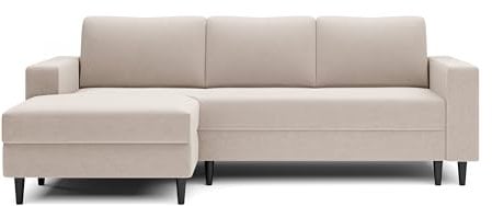 Selsey - Ecksofa Nalika in L-Form mit einem Behälter aus cremefarbenem hydrophobem Velours auf der linken Seite
